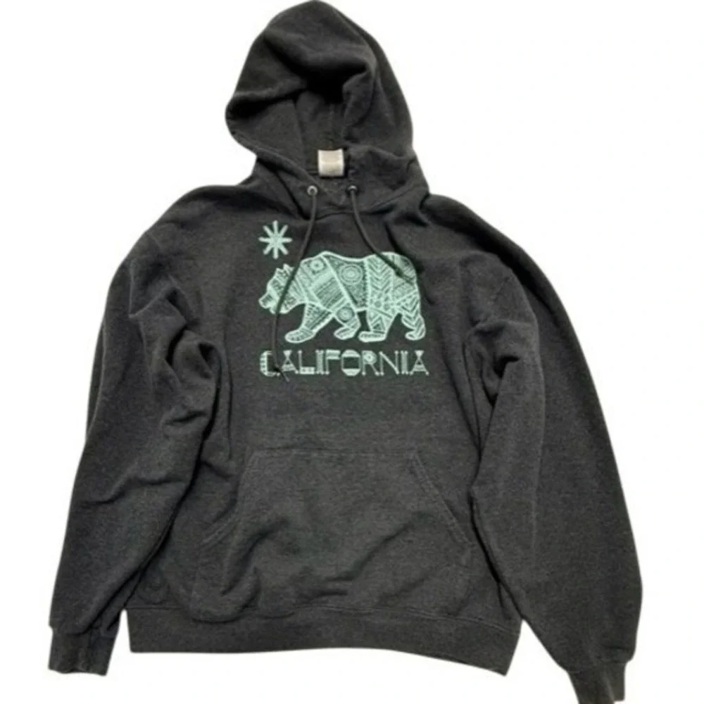 Jerzees NuBlend California‎ Bear Graphic Hoodie Men's Size Large Dark Gray